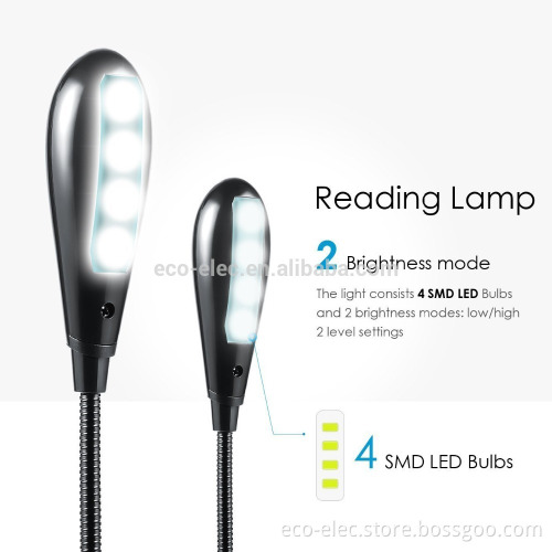 Book Light Clip On Reading Bed Lamp, Battery and USB Operated, 4 LED Warm White Lights with 2 Brightness Levels